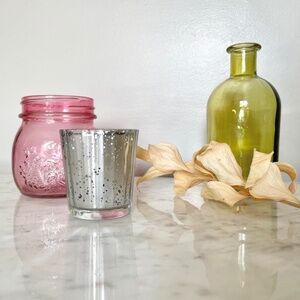 Colorful glass jar vase candle holder set of three green pink mercury silver